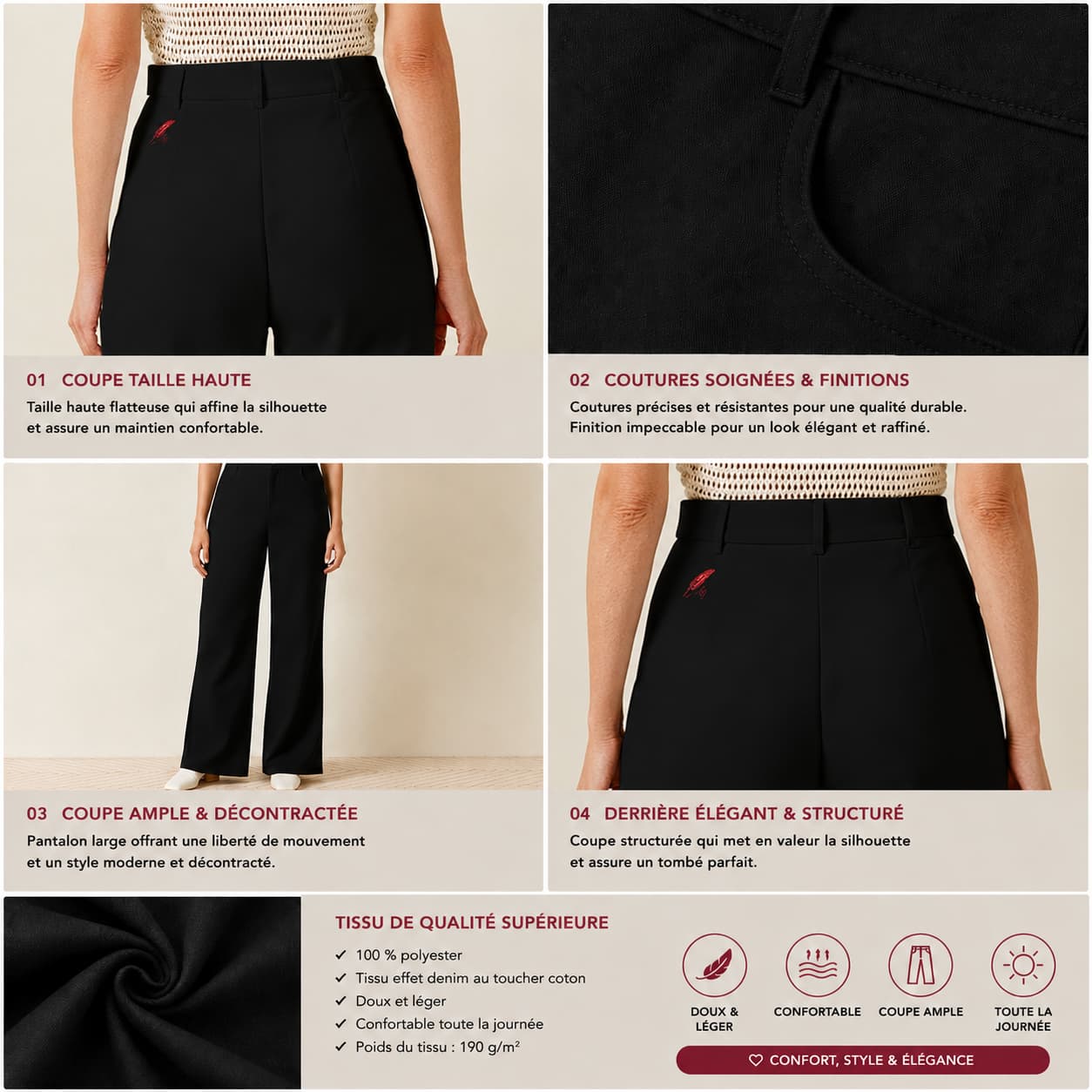Pantalon large femme taille haute  non porter detail du pantalon  de couleur noir