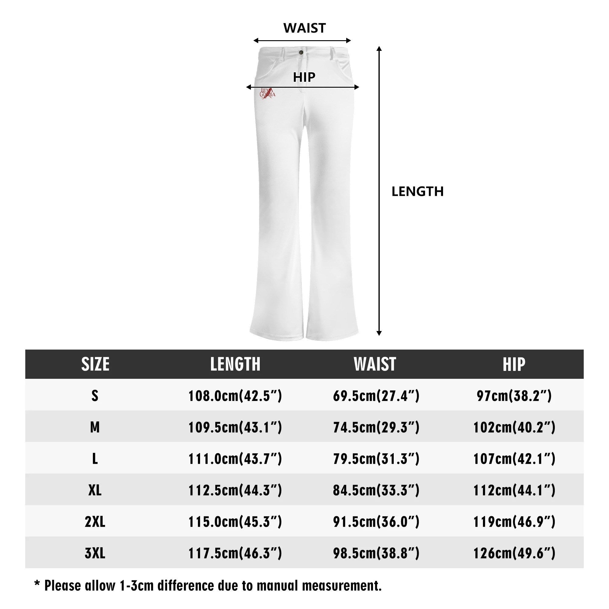 Pantalon évasé femme non porté de face guide des tailles colorie blanc