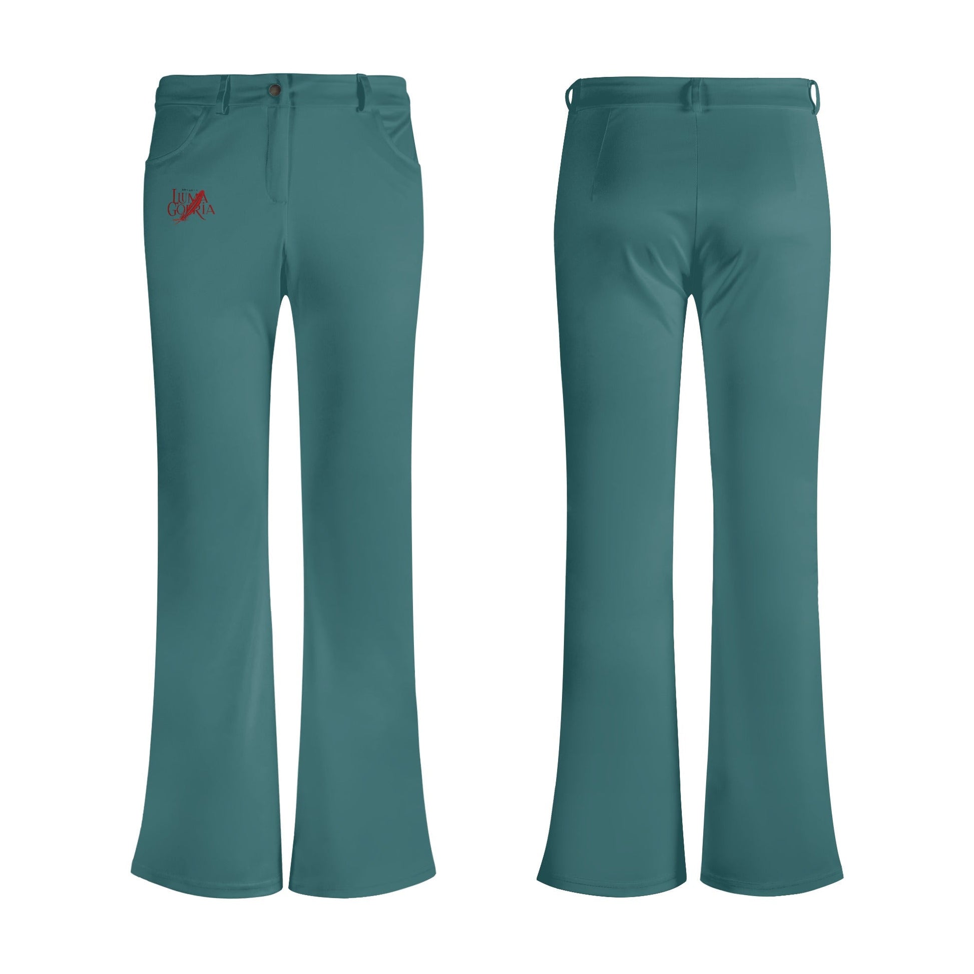 Pantalon évasé femme  non porté de face et de dos colorie vert/bleu