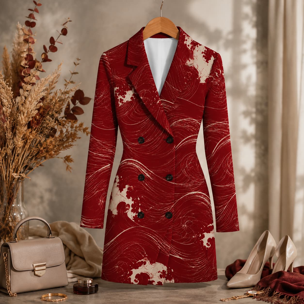 Robe blazer croisée à la taille pour femme non porter presente sur cintre  couleur rouge 