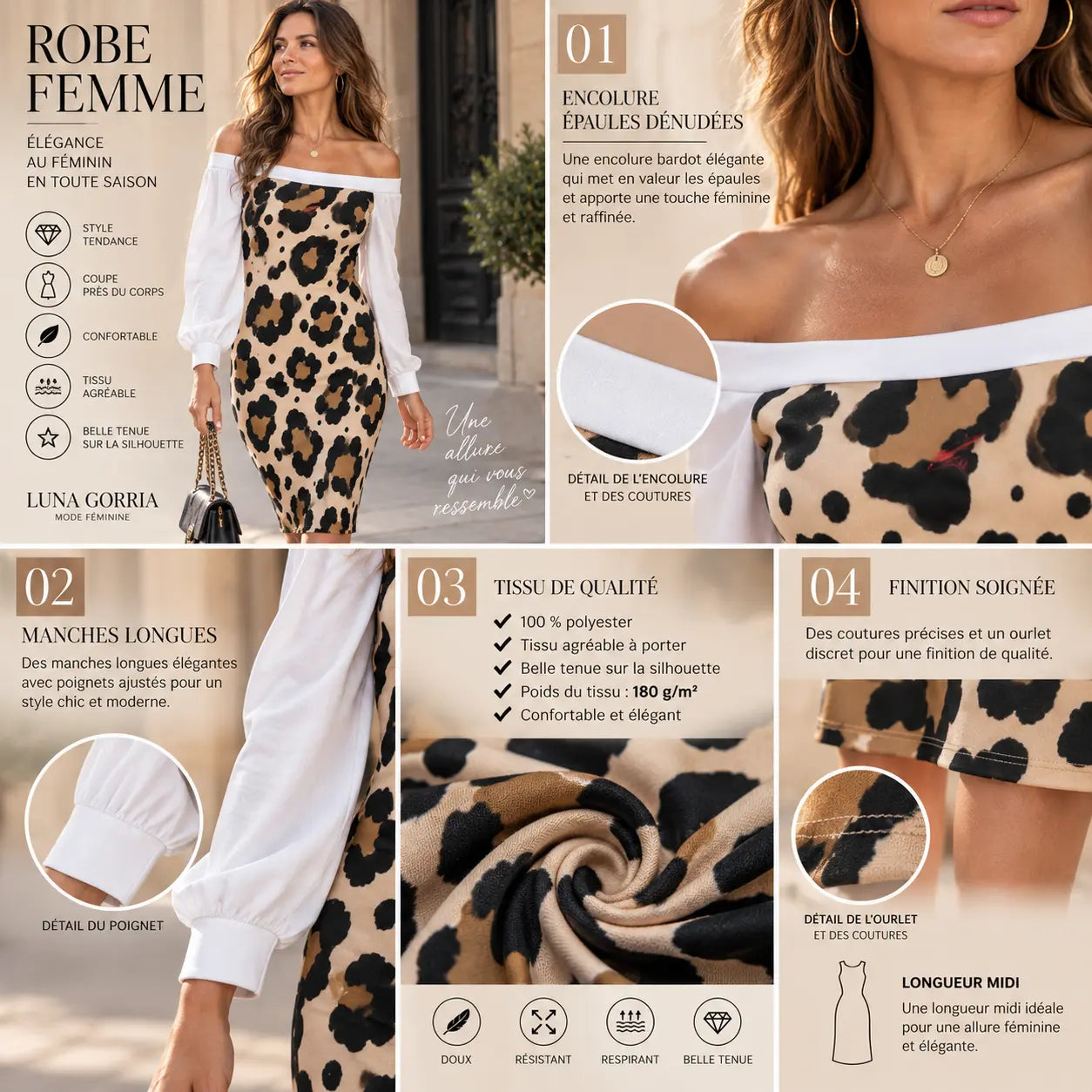 Robe midi moulante à épaules dénudées et manches longues pour femme non porter detail du produit couleur marron