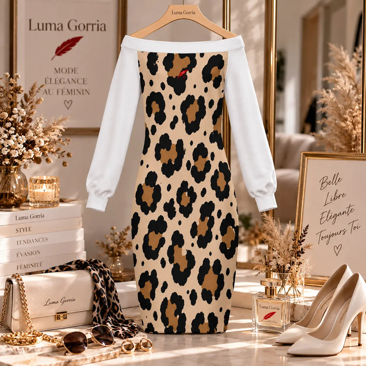 Robe midi moulante à épaules dénudées et manches longues pour femme non porter de face presenter sur cintre couleur marron