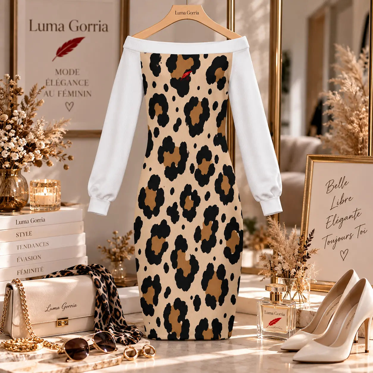 Robe midi moulante à épaules dénudées et manches longues pour femme non porter de face presenter sur cintre couleur marron
