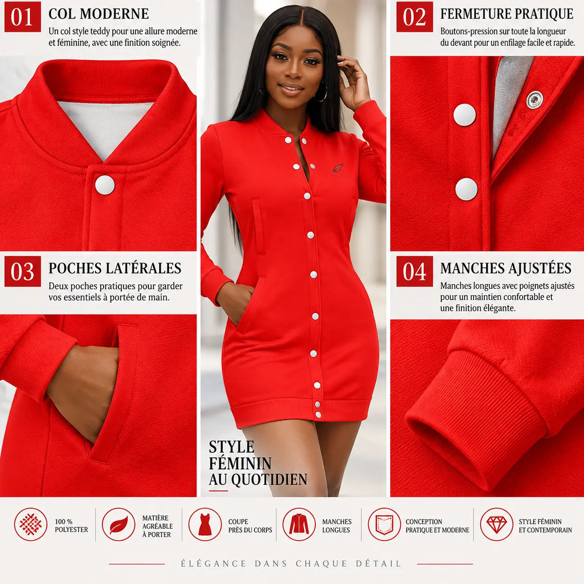 Robe veste boutonnée pour femme en polyester non porter detail du produit couleur rouge