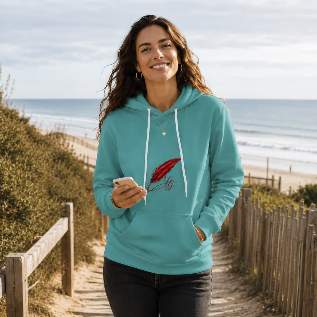 Sweat à capuche en velours chaud pour  femme porter de face couleur bleu vert