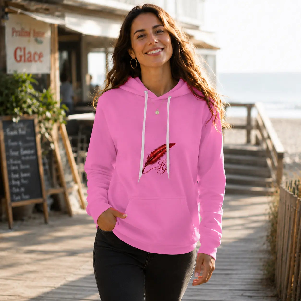 Sweat à capuche en velours chaud pour  femme porter de face couleur rose