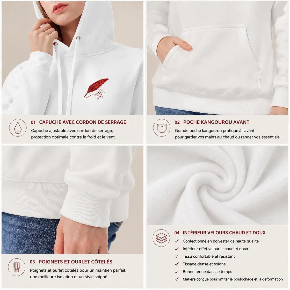 Sweat à capuche en velours chaud pour  femme non porter detail du produit couleur blanc