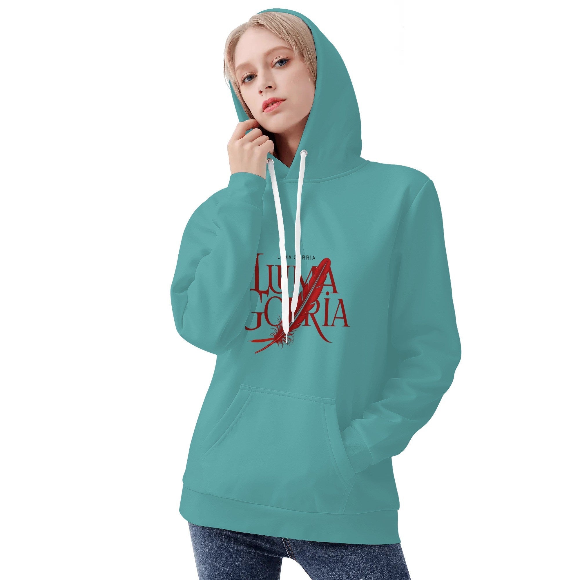 Sweat à capuche femme  porté de face avec capuche colorie bleu