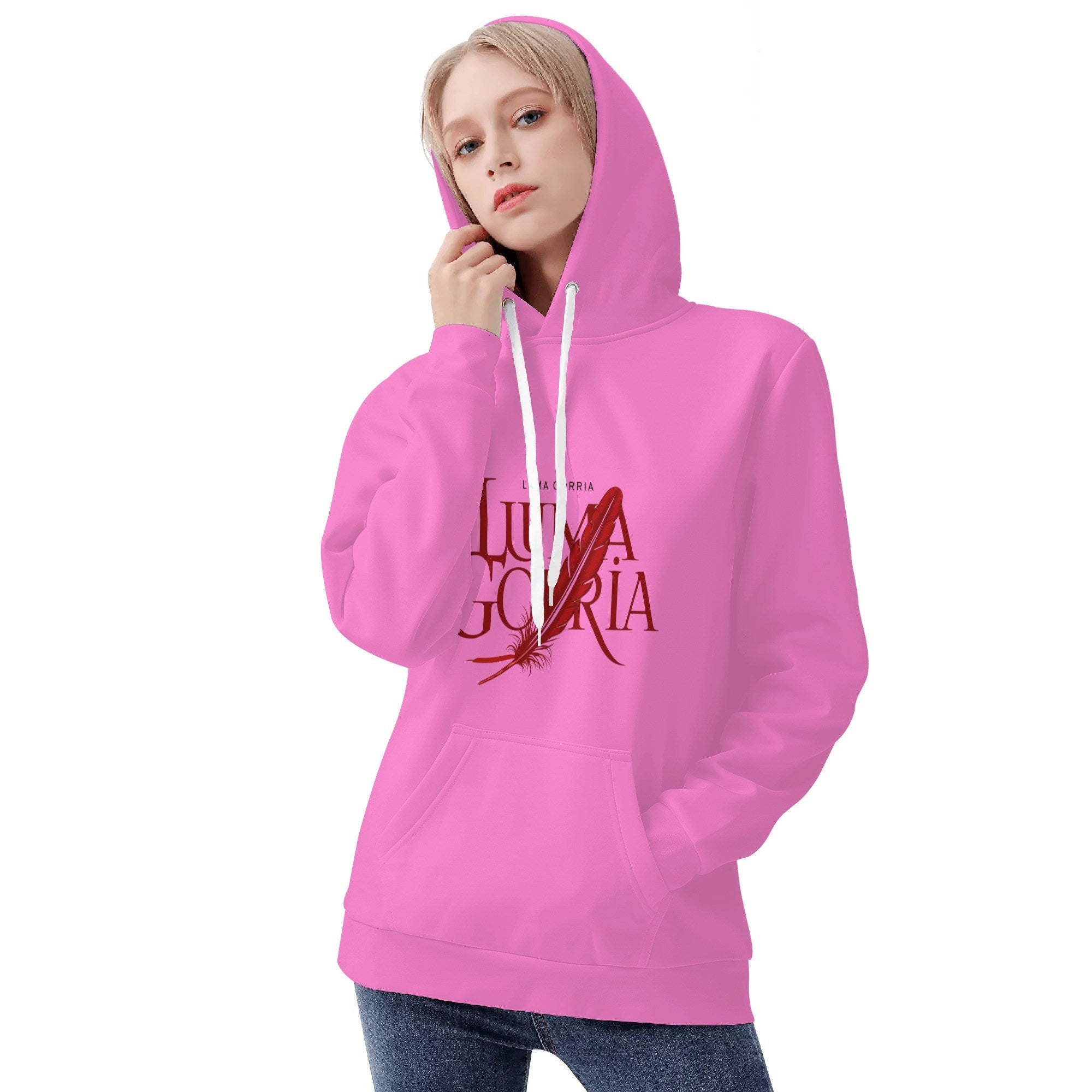 Sweat à capuche femme  porté de face avec capuche colorie rose