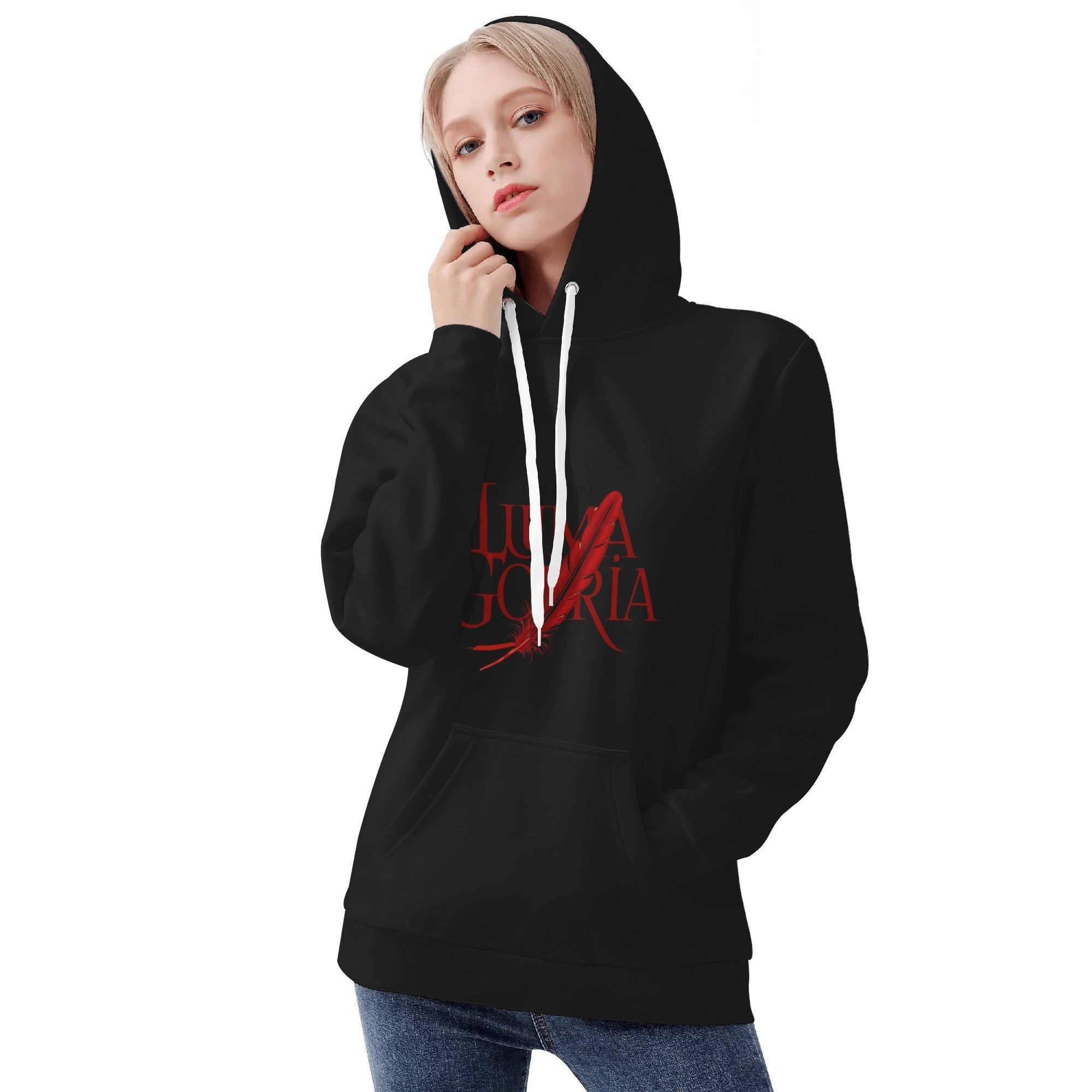 Sweat à capuche femme  porté de face  avec capuche colorie noir