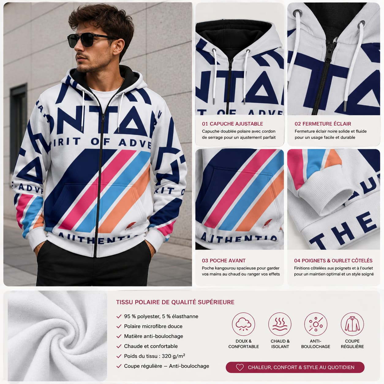 Sweat à capuche zippé en polaire épaisse pour homme non porter detail du produit couleur blanc