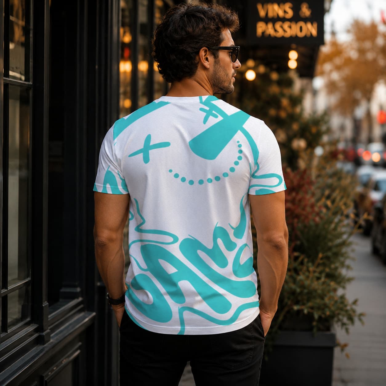 T-shirt homme respirant à col rond porté de dos par un homme les main dans les poches de couleur vert d'eau