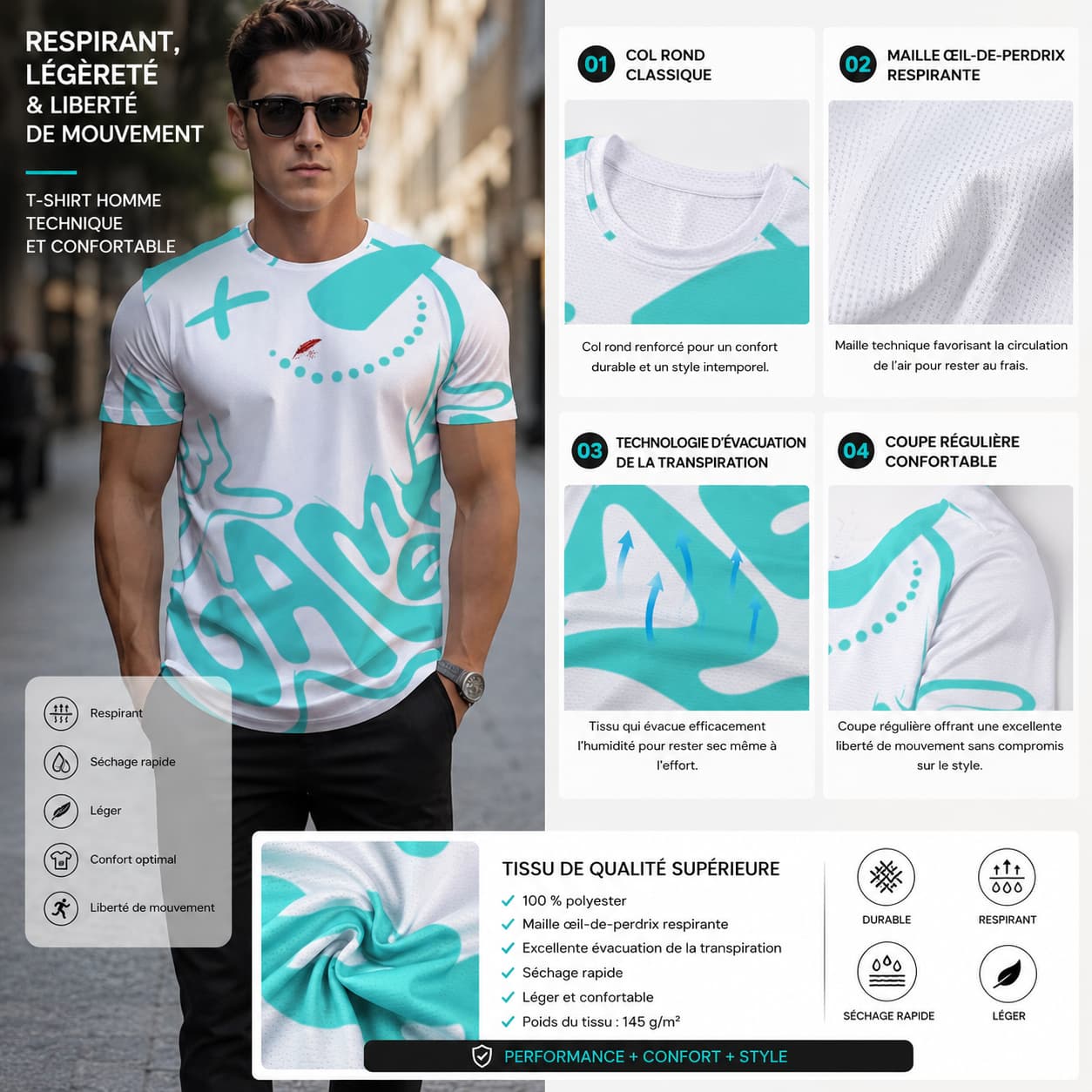 T-shirt homme respirant à col rond detail du t-shirt couleur vert d'eau 