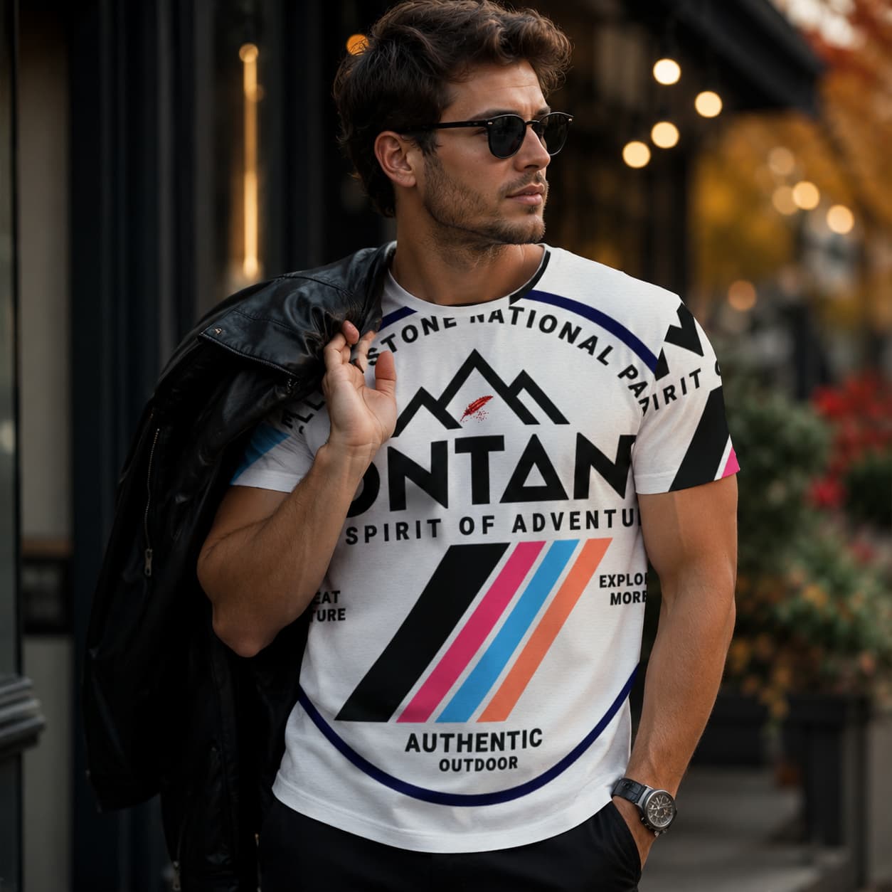 T-shirt homme respirant à col rond  pote  par  un homme de face aec une veste par dessu l'epaule de couleur blanc