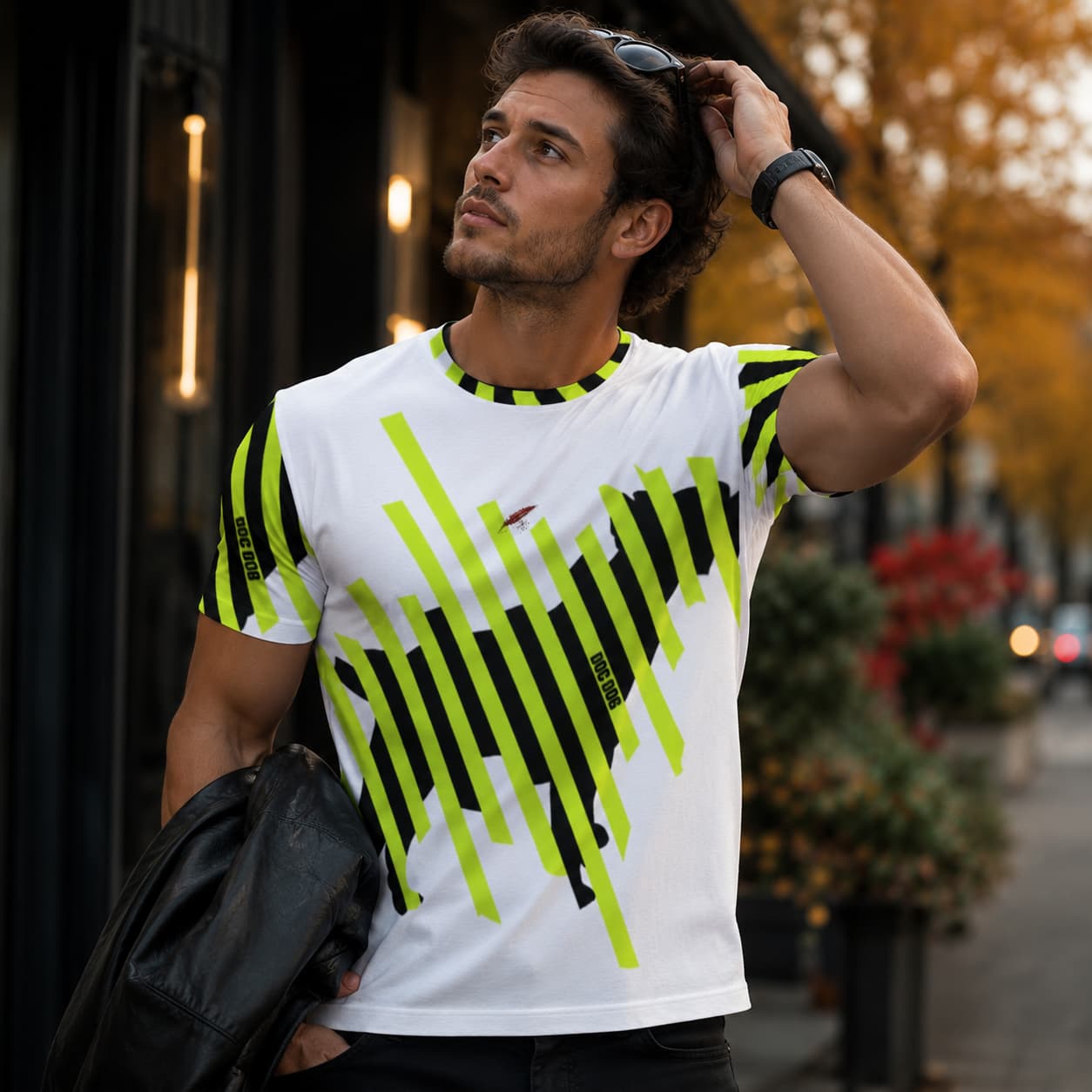 T-shirt homme respirant à col rond porte par un homme qui regarde vers le haut de face couleur jaune
