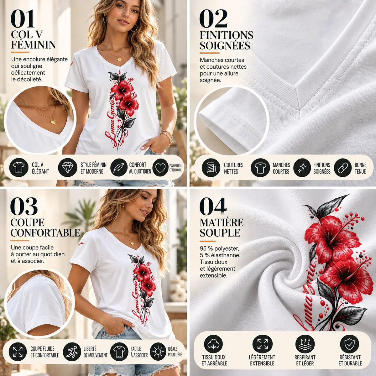 T-shirt col V à manches courtes pour femme – Élégance, douceur & style intemporel