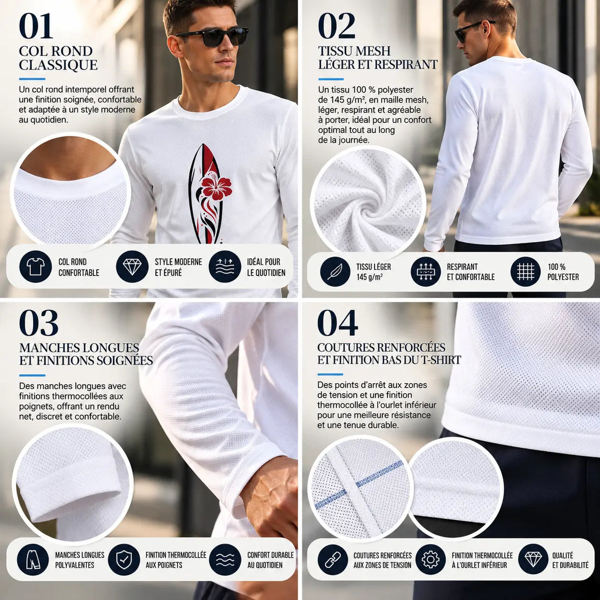 T-shirt à manches longues et col rond pour homme – Légèreté, confort & finitions renforcées