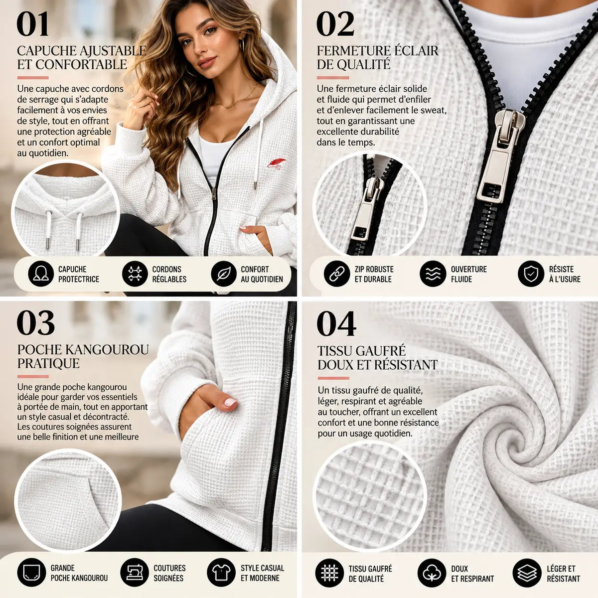 Sweat zippé gaufré à épaules tombantes pour femme – Confort & style casual