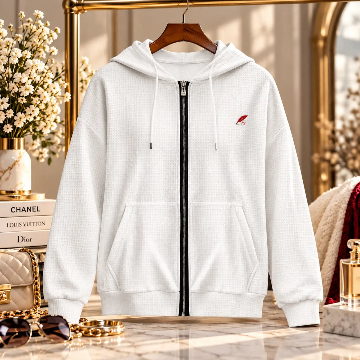 Sweat zippé gaufré à épaules tombantes pour femme – Confort & style casual