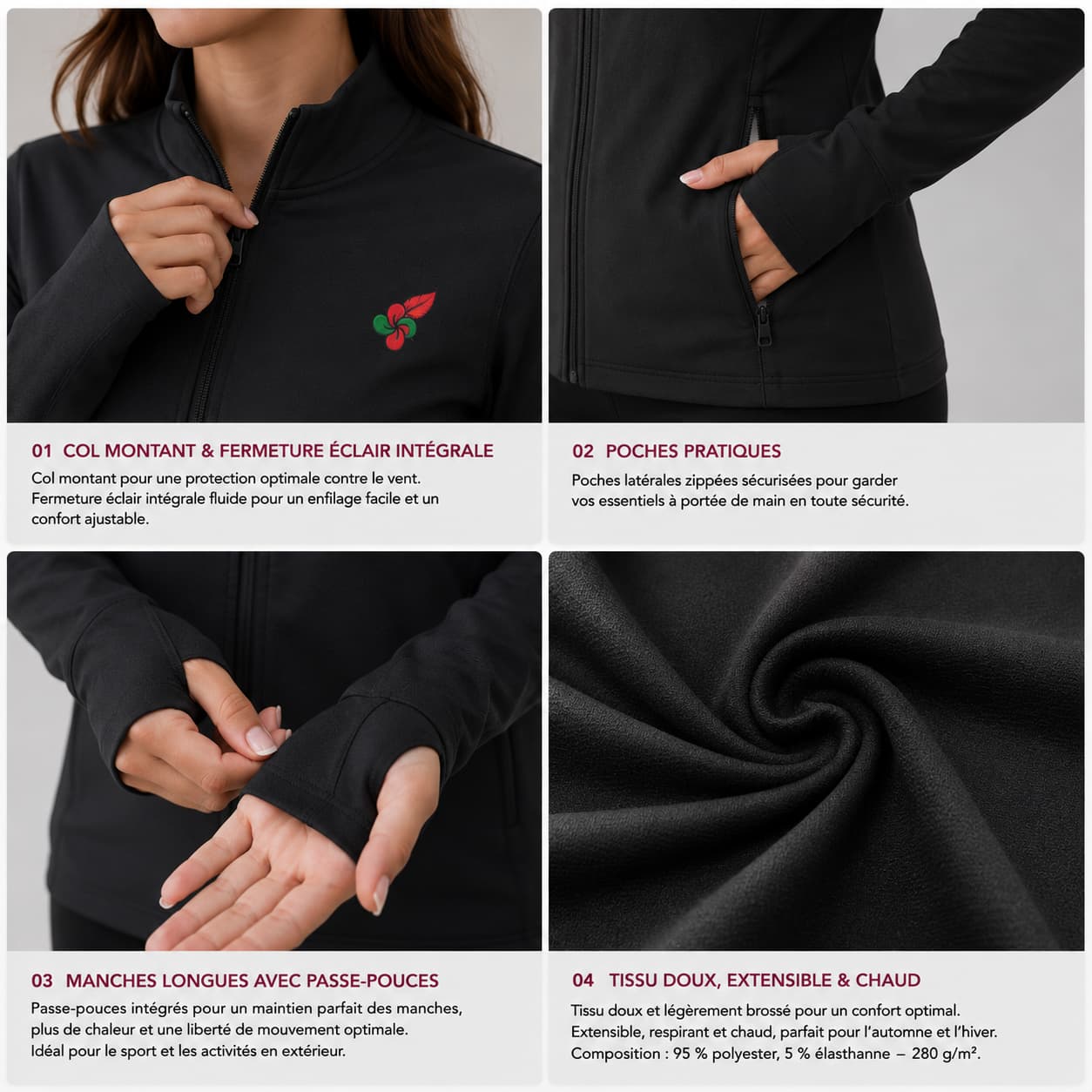 Veste à manches longues avec passe-pouces pour femme non porter detail de la veste .couleur noir