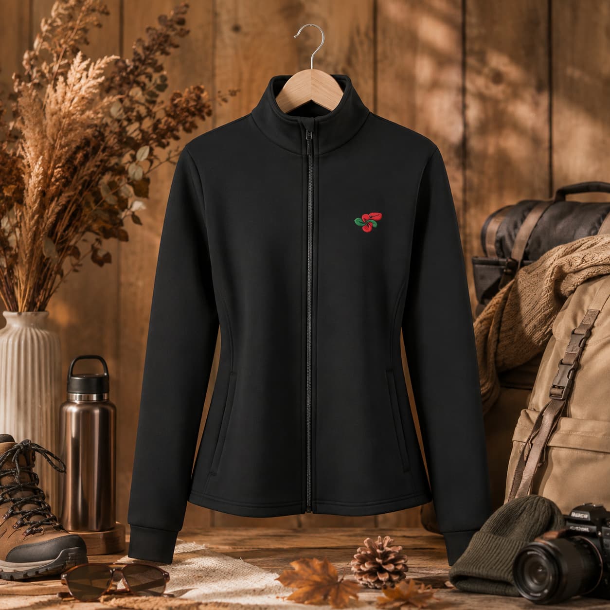 Veste à manches longues avec passe-pouces pour femme non porter  presente sur un cintre couleur noir