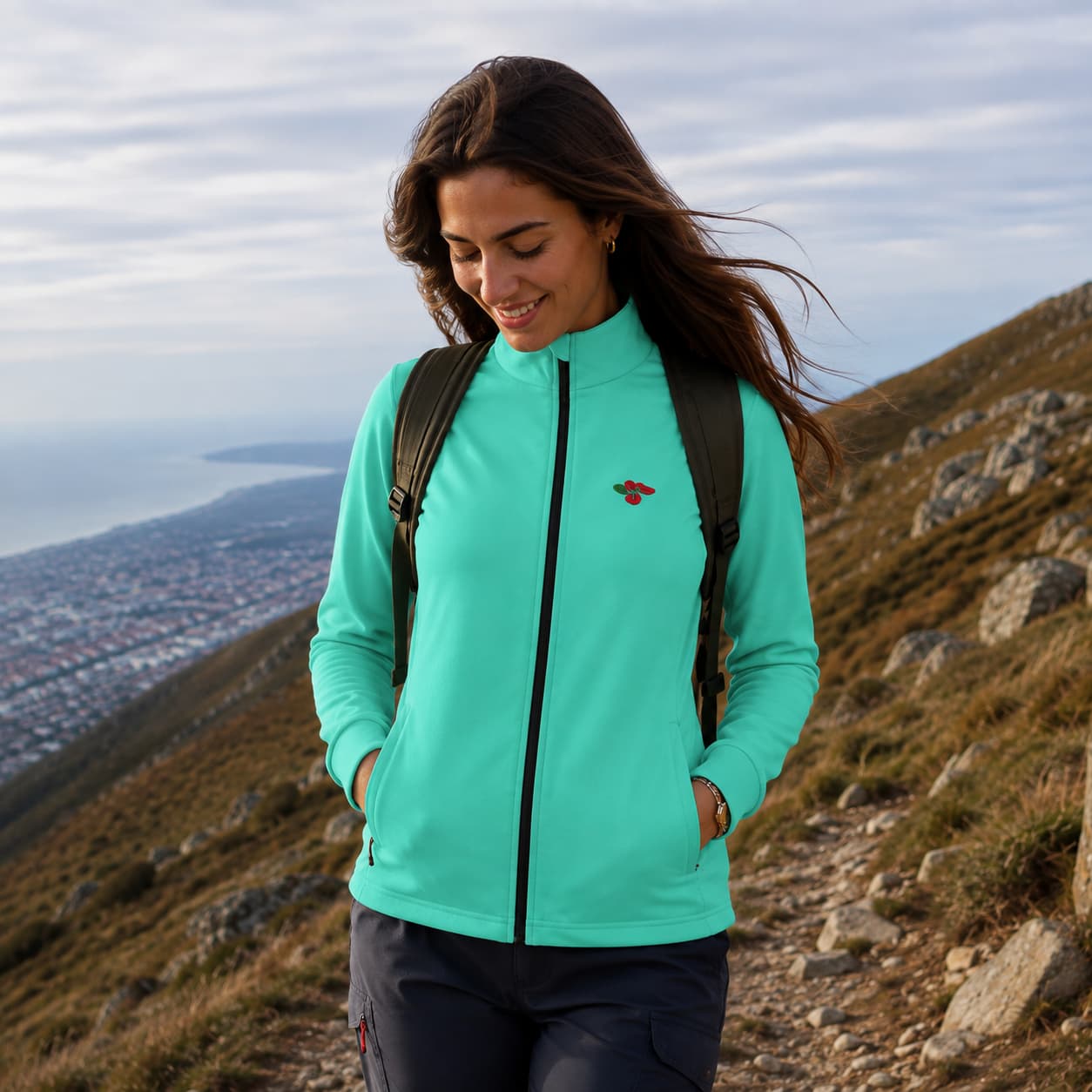 Veste à manches longues avec passe-pouces pour femme porter de face couleur vert d'eau