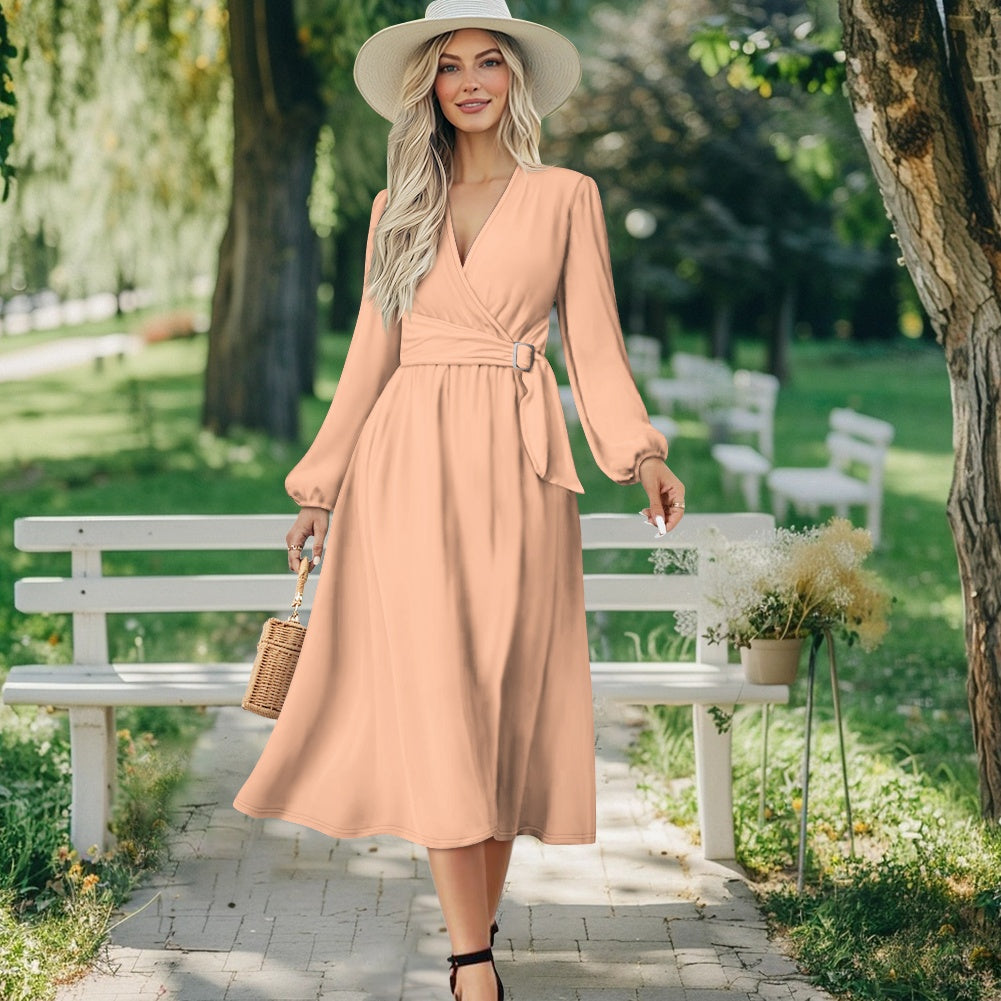 Robe midi élégante à col V avec ceinture nouée