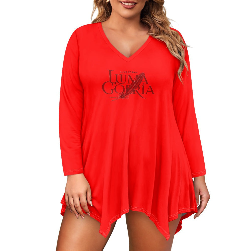 Haut long asymétrique femme – Col V, manches longues, élégant Luma Gorria vêtement  Haut long asymétrique femme Luma Gorria vêtement