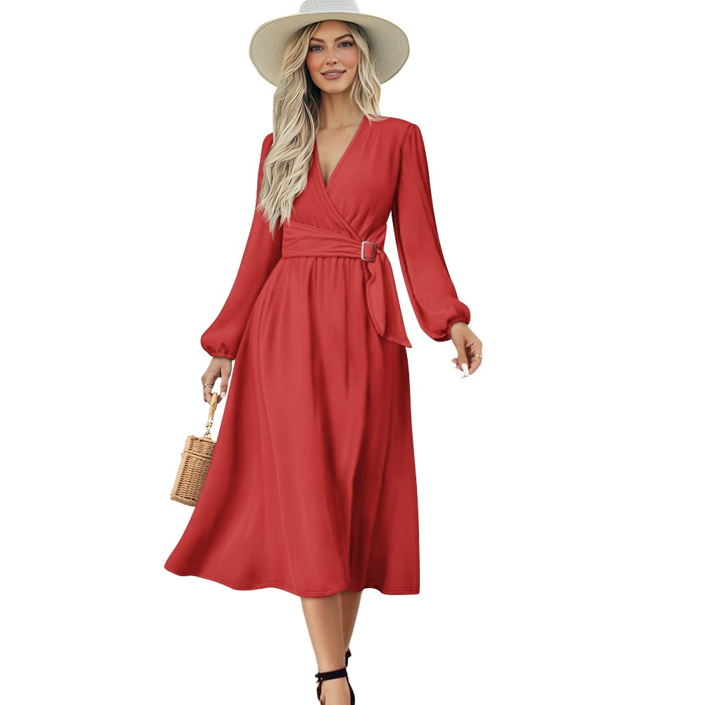 Robe midi élégante à col V avec ceinture nouée