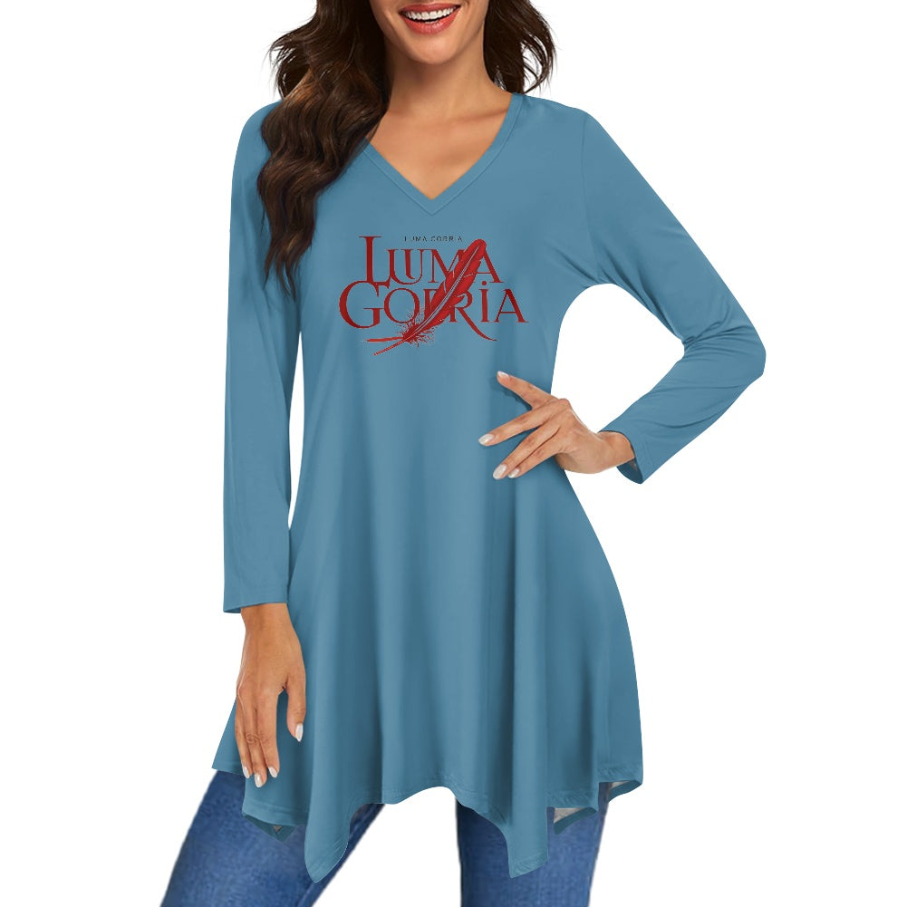 Haut long asymétrique femme – Col V, manches longues, élégant Luma Gorria vêtement 36.00 Haut long asymétrique femme Luma Gorria vêtement