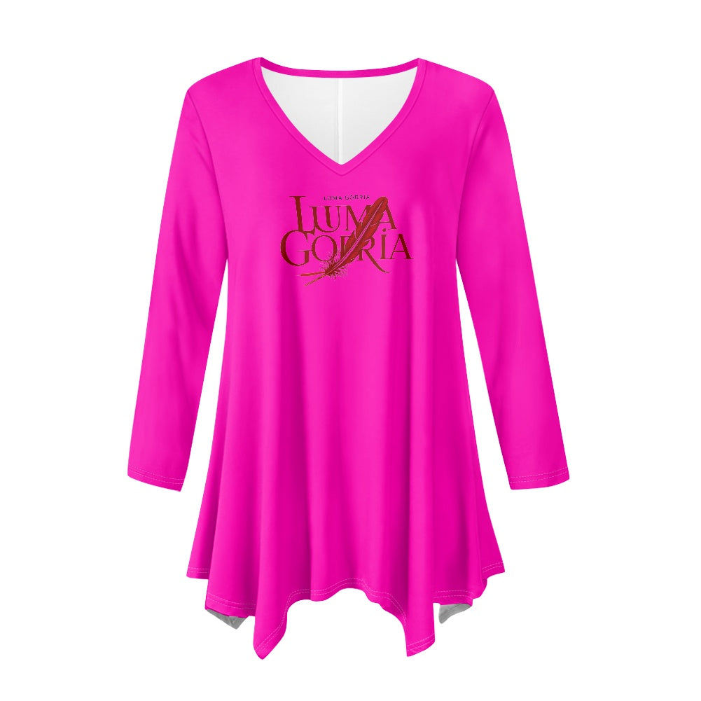 Haut long asymétrique femme – Col V, manches longues, élégant Luma Gorria vêtement  Haut long asymétrique femme Luma Gorria vêtement