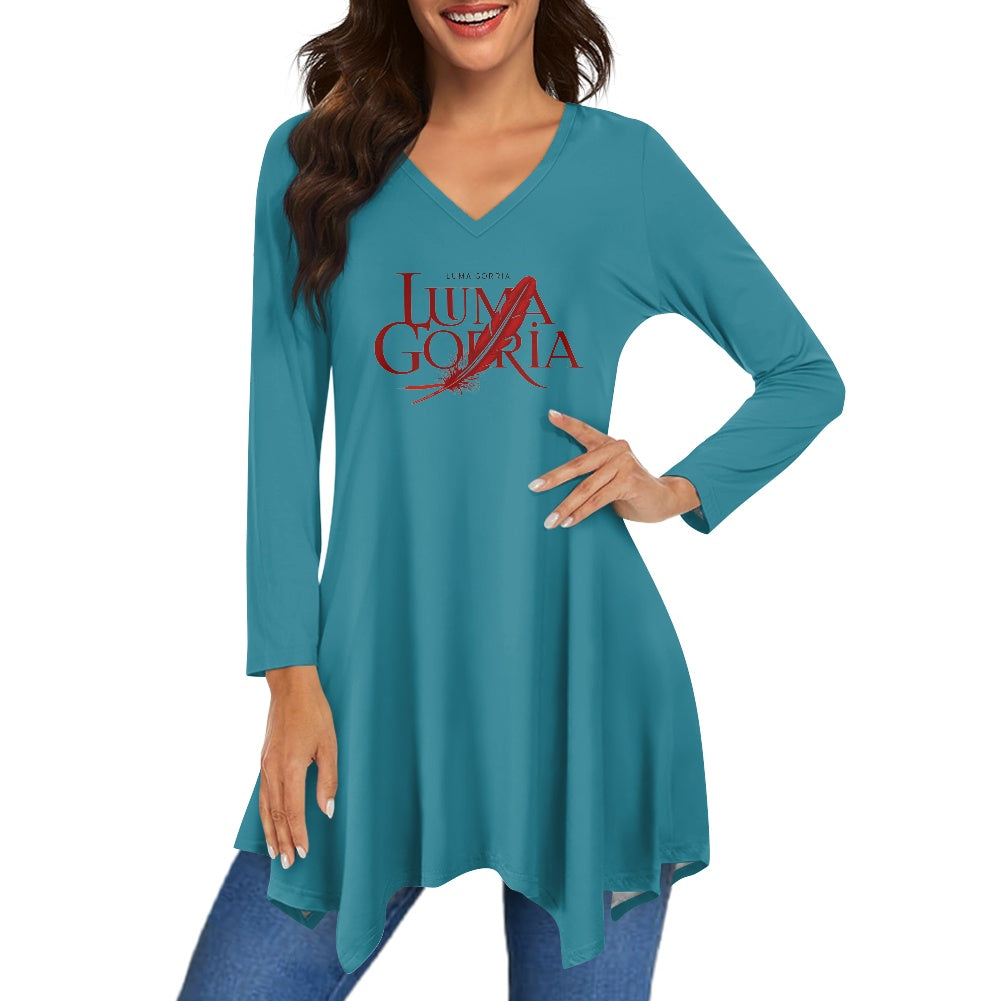 Haut long asymétrique femme – Col V, manches longues, élégant Luma Gorria vêtement 36.00 Haut long asymétrique femme Luma Gorria vêtement