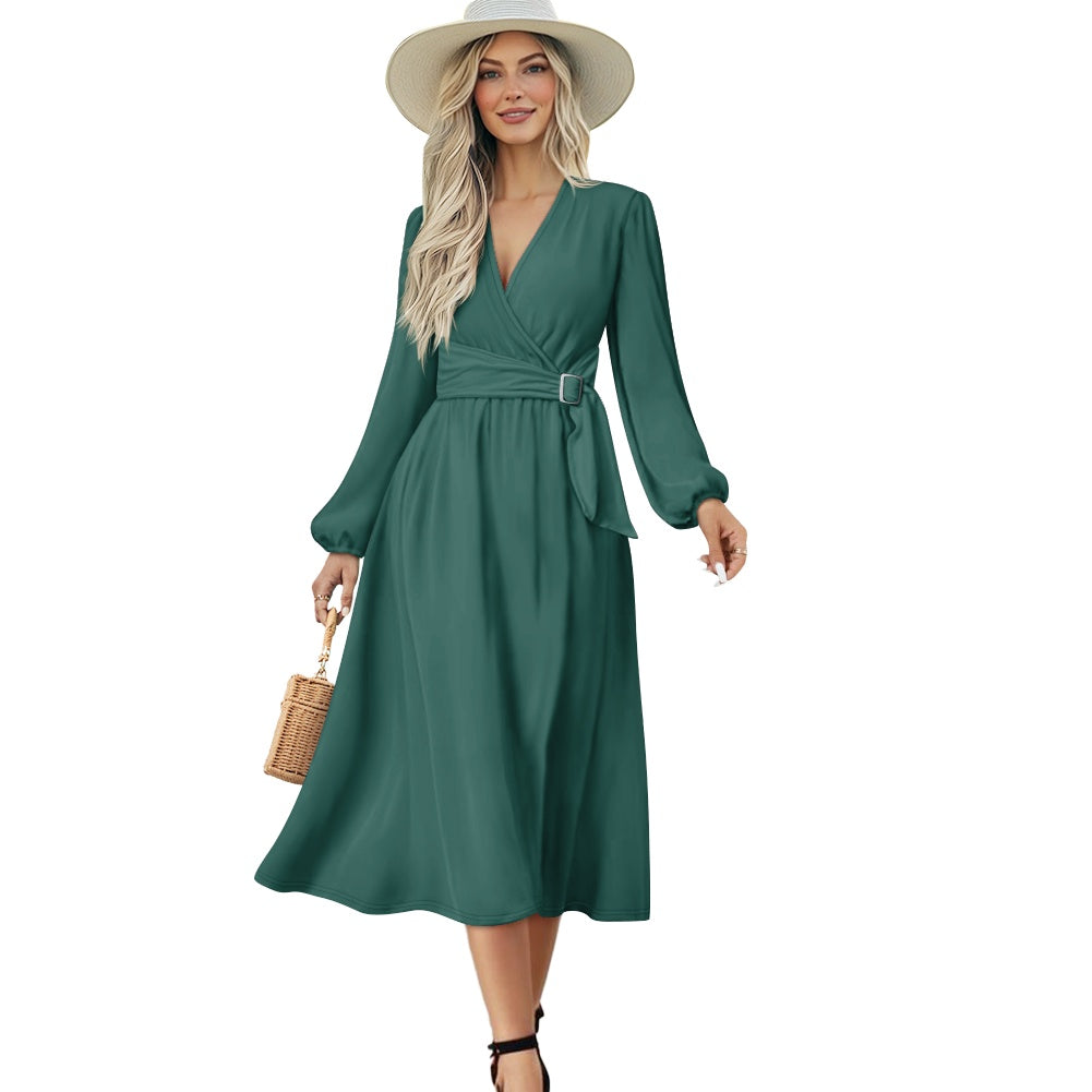 Robe midi élégante à col V avec ceinture nouée