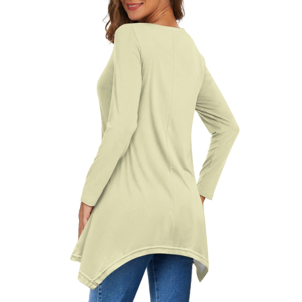 Haut long asymétrique femme – Col V, manches longues, élégant Luma Gorria vêtement  Haut long asymétrique femme Luma Gorria vêtement