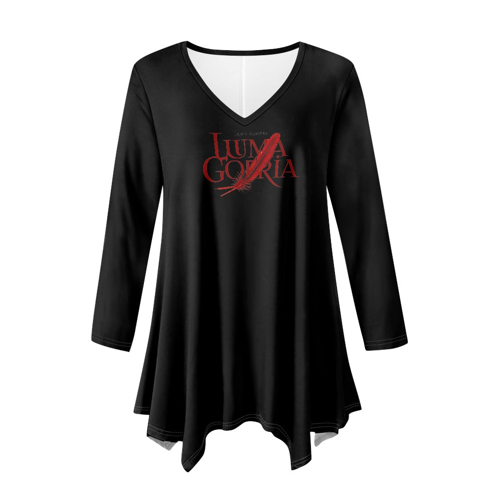 Haut long asymétrique femme – Col V, manches longues, élégant Luma Gorria vêtement  Haut long asymétrique femme Luma Gorria vêtement