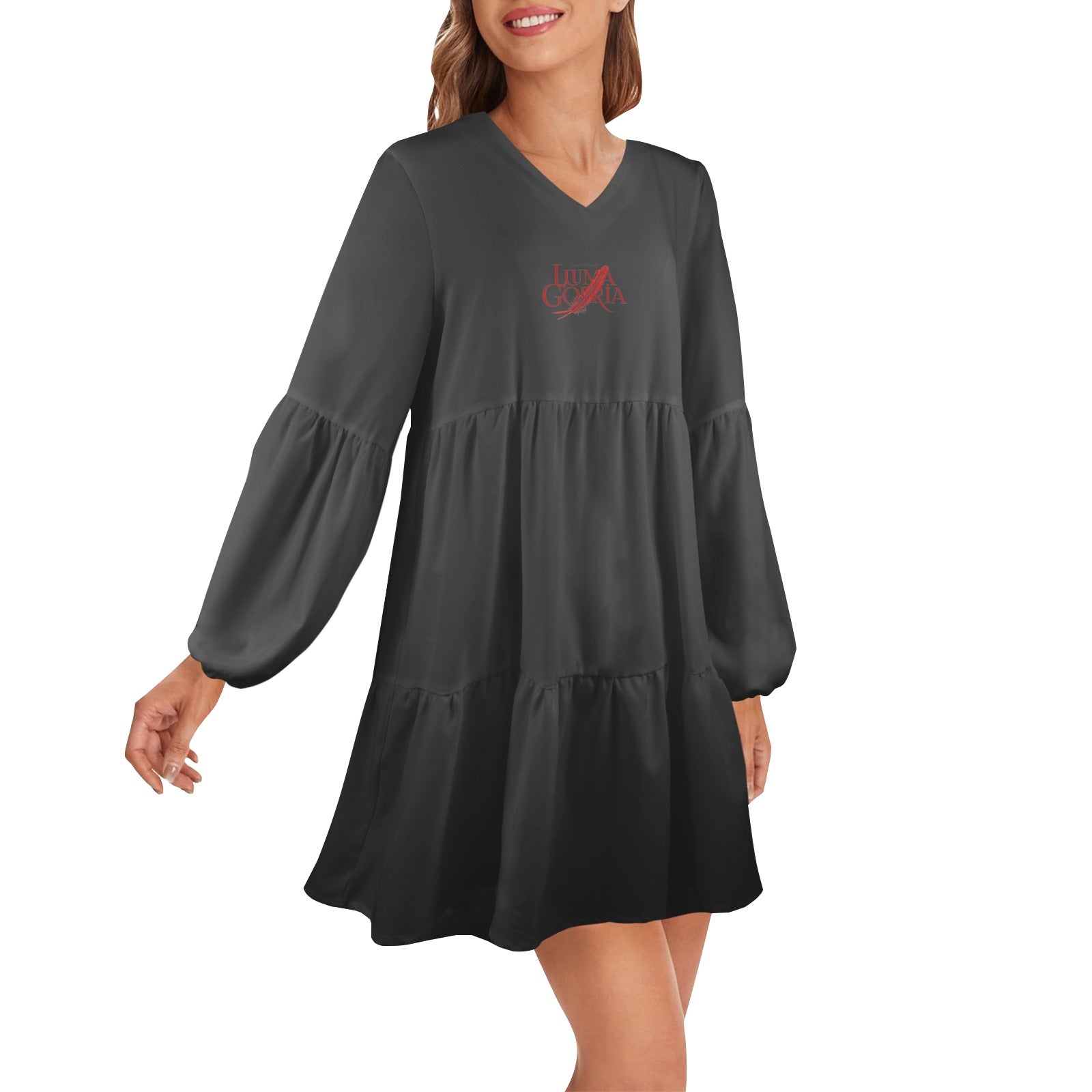 Robe ample femme – Col V profond, manches longues, style chic