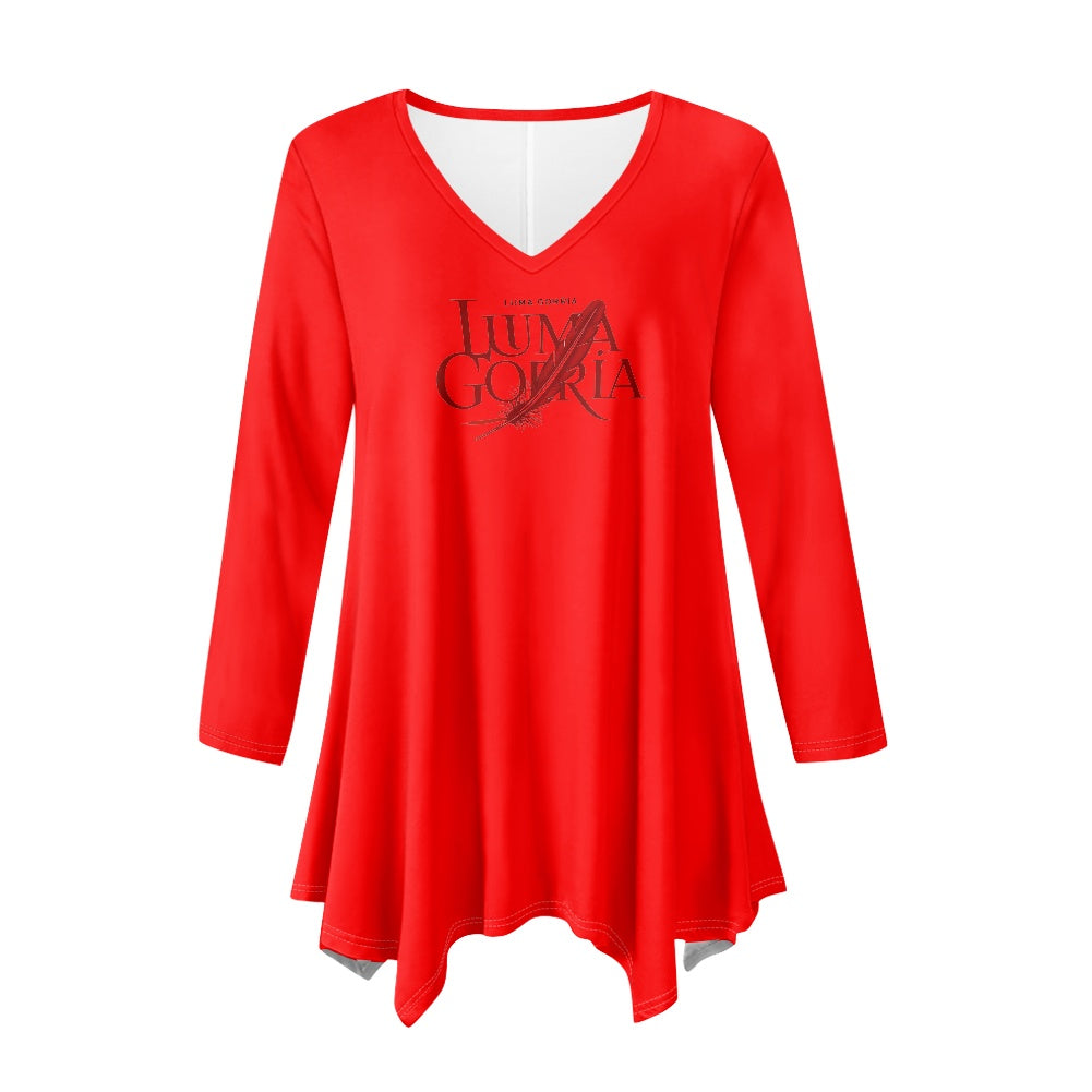 Haut long asymétrique femme – Col V, manches longues, élégant Luma Gorria vêtement  Haut long asymétrique femme Luma Gorria vêtement