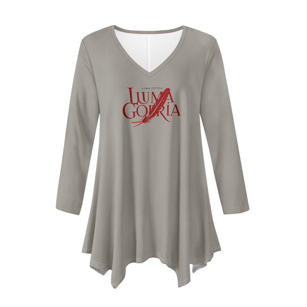 Haut long asymétrique femme – Col V, manches longues, élégant Luma Gorria vêtement  Haut long asymétrique femme Luma Gorria vêtement