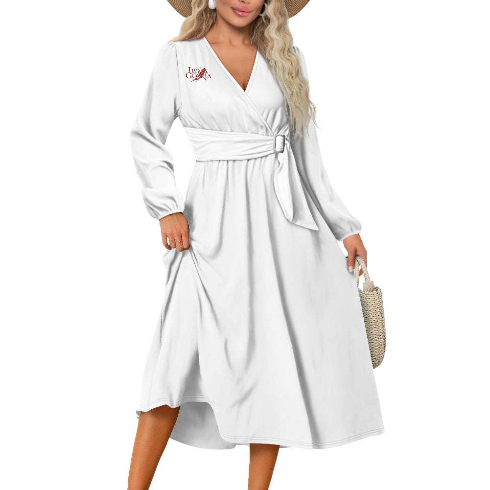 Robe midi élégante à col V avec ceinture nouée