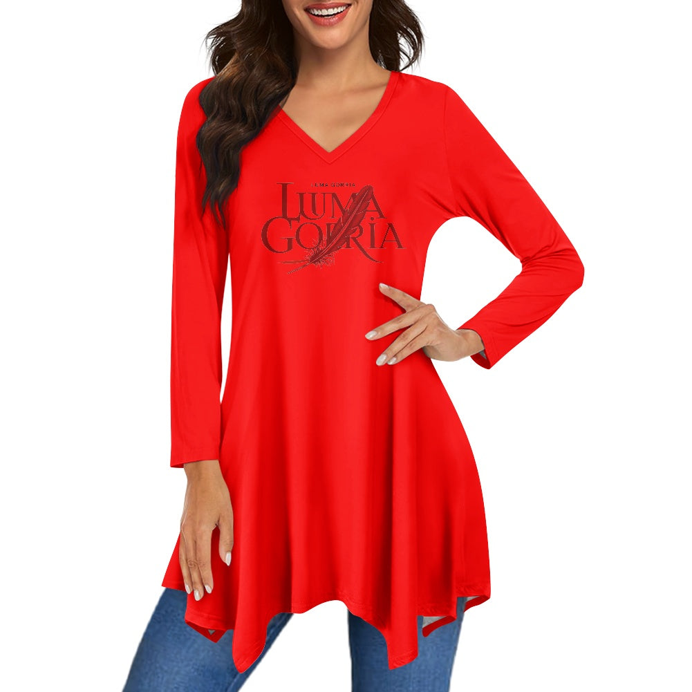 Haut long asymétrique femme – Col V, manches longues, élégant Luma Gorria vêtement 36.00 Haut long asymétrique femme Luma Gorria vêtement