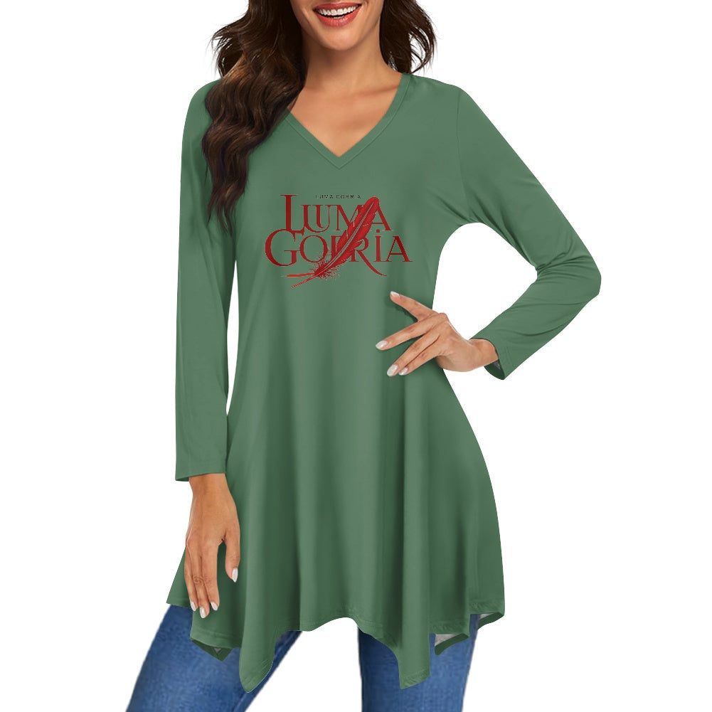 Haut long asymétrique femme – Col V, manches longues, élégant Luma Gorria vêtement 36.00 Haut long asymétrique femme Luma Gorria vêtement