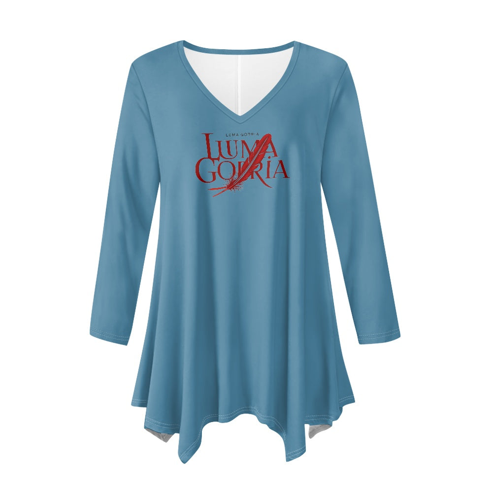 Haut long asymétrique femme – Col V, manches longues, élégant Luma Gorria vêtement  Haut long asymétrique femme Luma Gorria vêtement