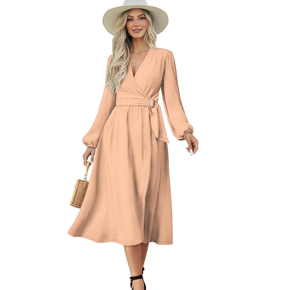 Robe midi élégante à col V avec ceinture nouée