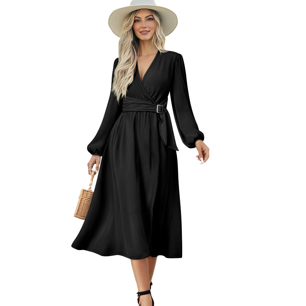 Robe midi élégante à col V avec ceinture nouée