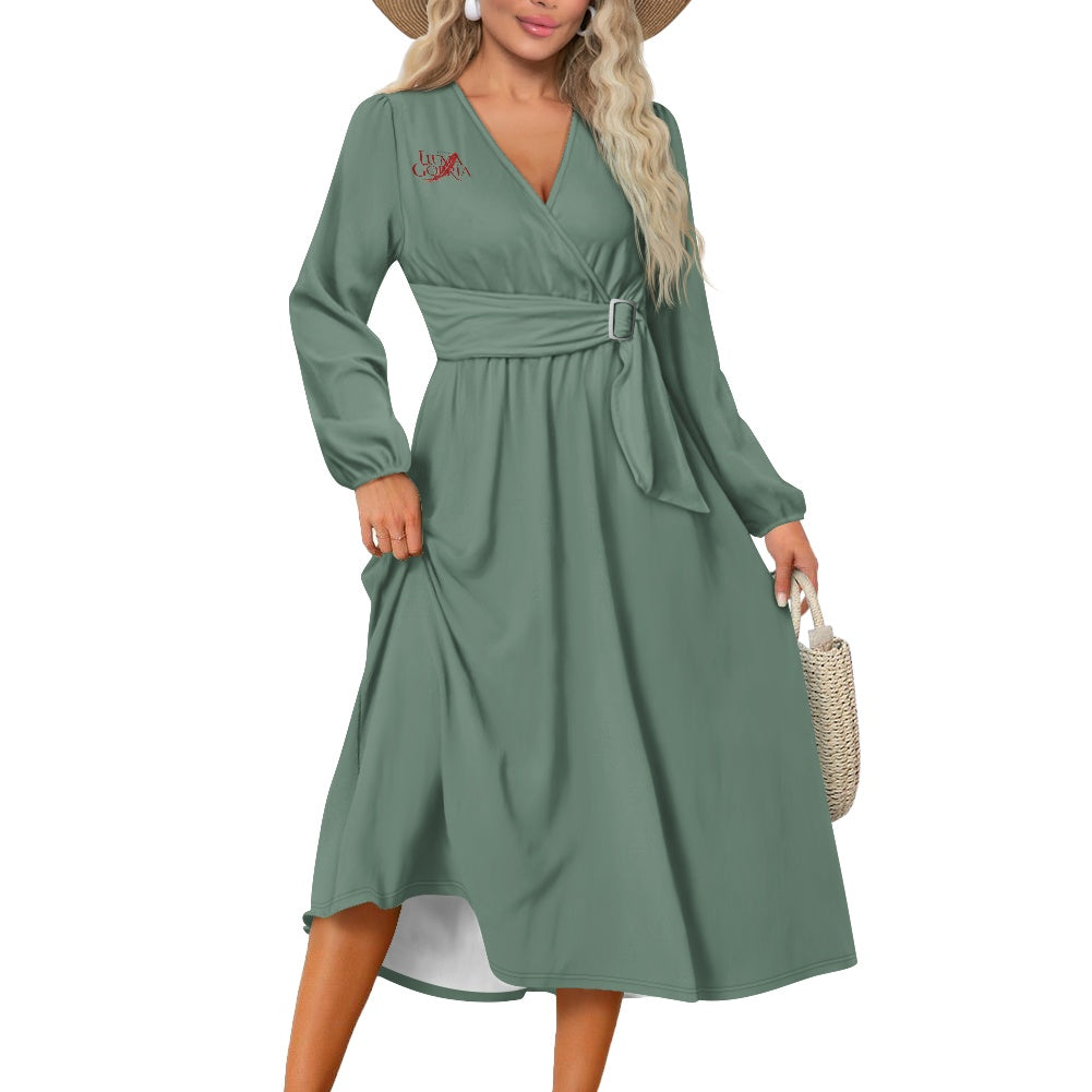 Robe midi élégante à col V avec ceinture nouée