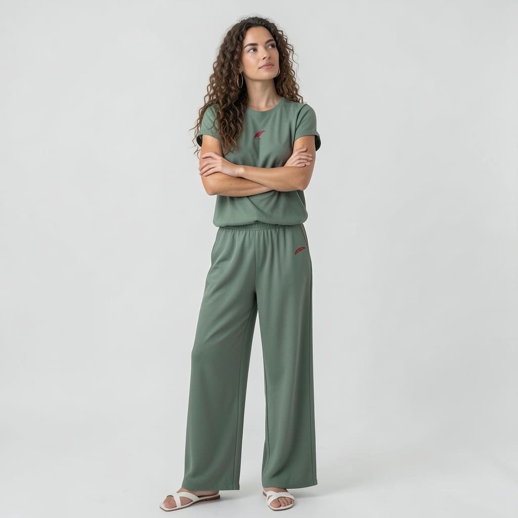 Ensemble femme pantalon large & haut col rond – Confort & style décontracté