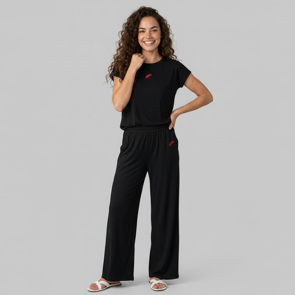 Ensemble femme pantalon large & haut col rond – Confort & style décontracté
