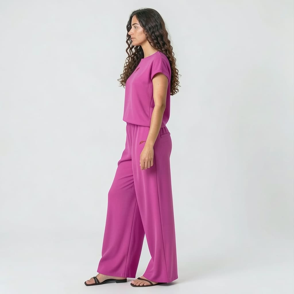 Ensemble femme pantalon large & haut col rond – Confort & style décontracté