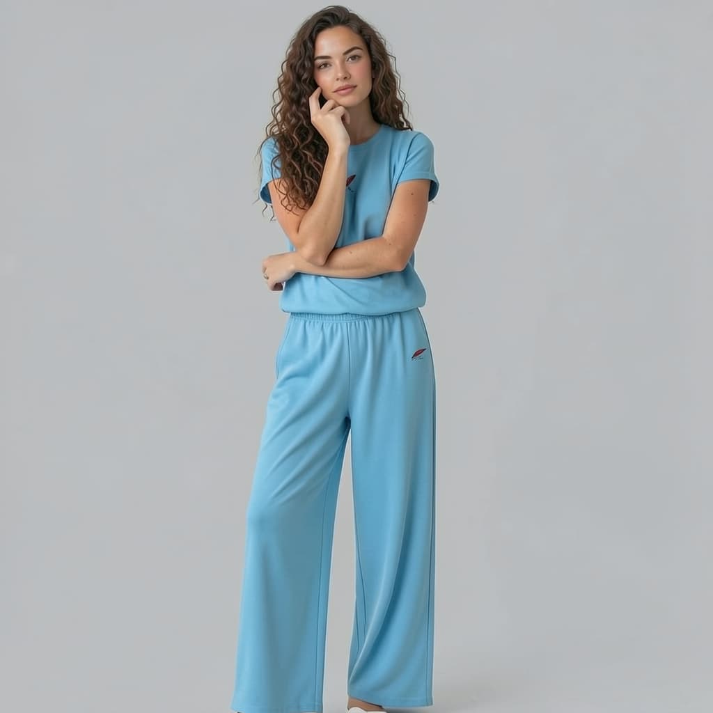 Ensemble femme pantalon large & haut col rond – Confort & style décontracté