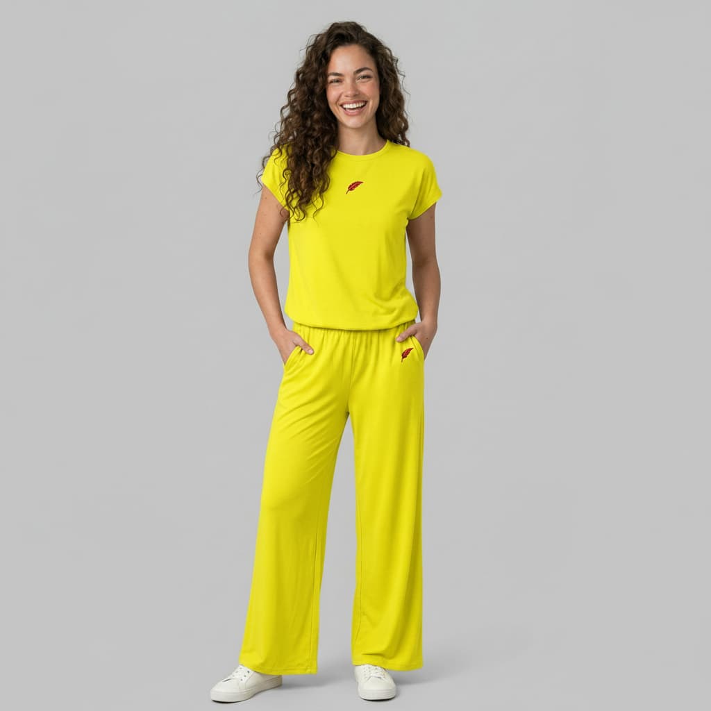 Ensemble femme pantalon large & haut col rond – Confort & style décontracté
